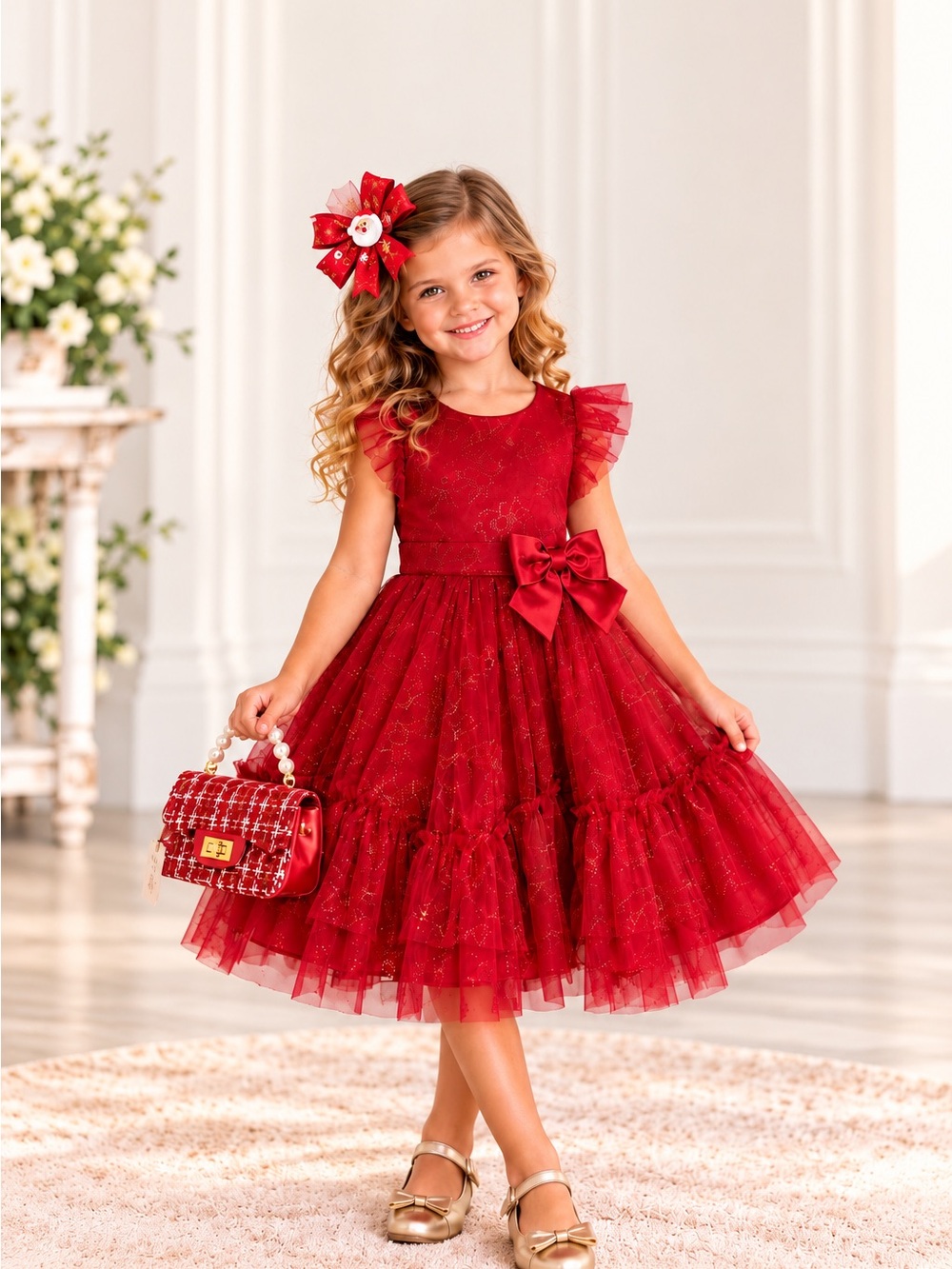 Jona Michelle Girls 6 Red Sparkle Dress Purse Bow 3pc Holiday Set